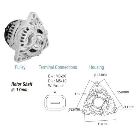 ALTERNADOR COMPATÍVEL BOSCH ELETR 12V 90A AGRALE//CAM.VW (REG.1T-COM W-SEM POLIA) ZM9010801