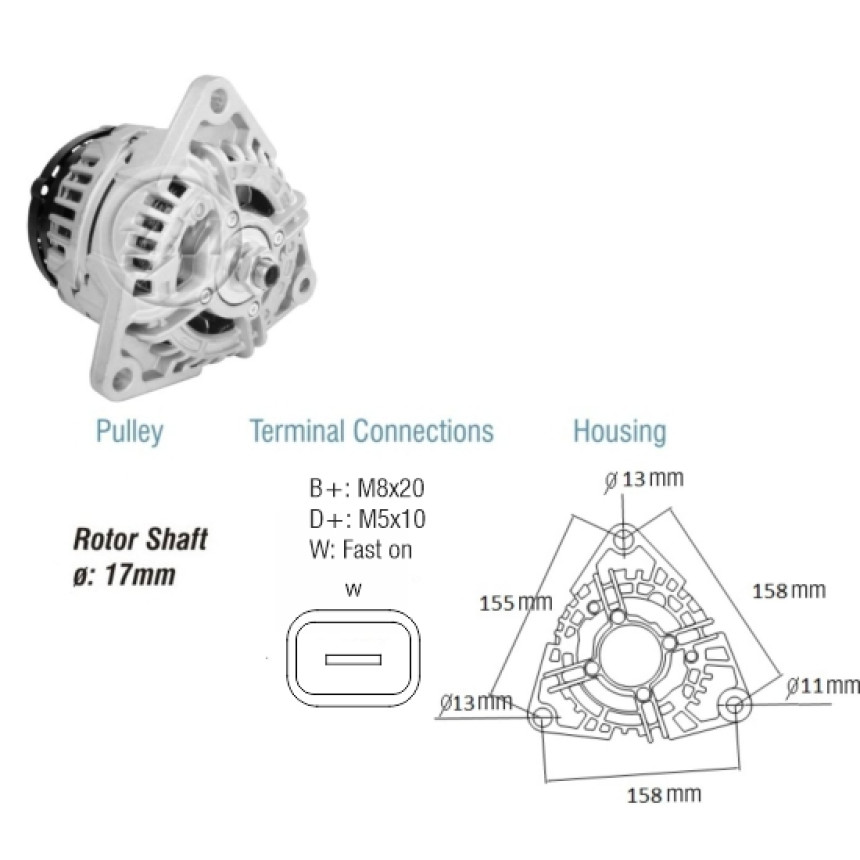 ALTERNADOR COMPATÍVEL BOSCH ELETR 12V 90A AGRALE//CAM.VW (REG.1T-COM W-SEM POLIA) ZM9010801
