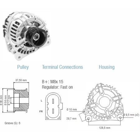 ALTERNADOR COMPATÍVEL BOSCH ELETR 12V 90A AUDI/GOLF/POLO/BORA/FOX 99> (POLIA 6PK) ZM9010802