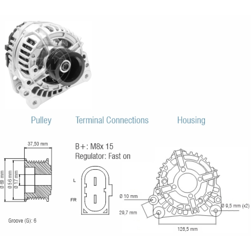 ALTERNADOR COMPATÍVEL BOSCH ELETR 12V 90A AUDI/GOLF/POLO/BORA/FOX 99> (POLIA 6PK) ZM9010802