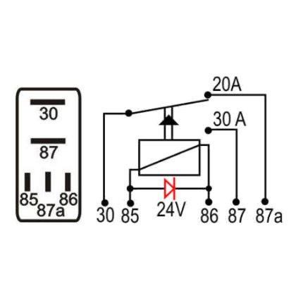 MINI RELE COMPATÍVEL AUXILIAR REVERSOR 24V 30/20A 5T - C/ DIODO DNI0228
