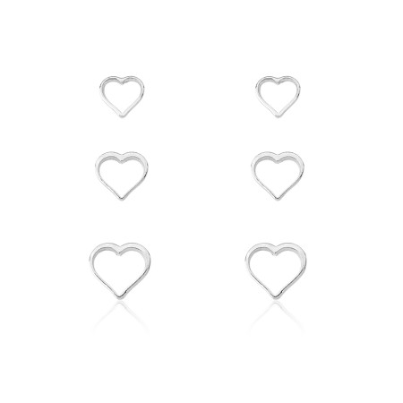 Kit Brincos Prata Fixos Corações Vazados 