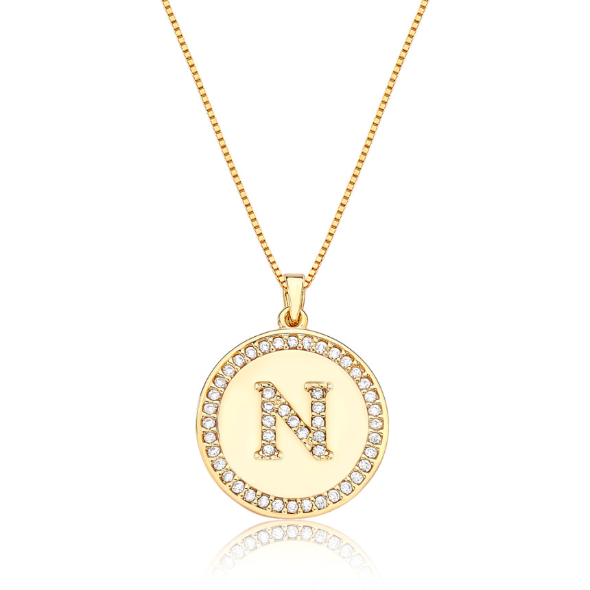 Gargantilha Veneziana c/ Medalha Letra "N" Cravejada Folheada a Ouro 18k 