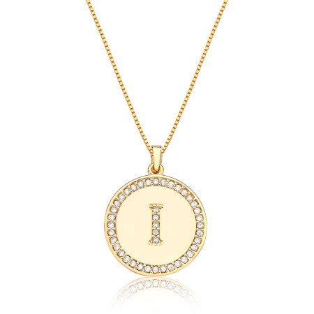 Gargantilha Veneziana c/ Medalha Letra "I" Cravejada Folheada a Ouro 18k 