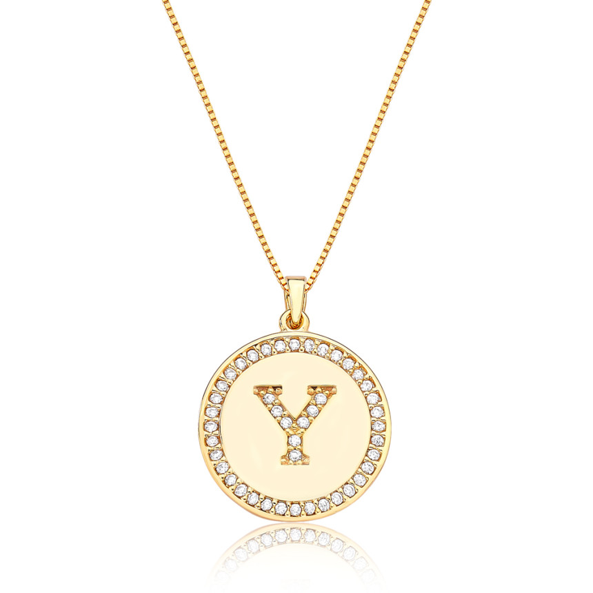 Gargantilha Veneziana c/ Medalha Letra "Y" Cravejada Folheada a Ouro 18k 