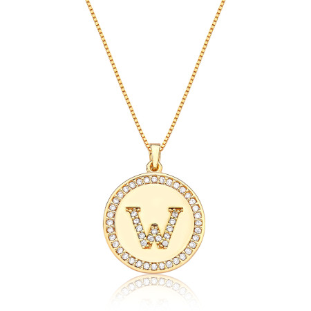 Gargantilha Veneziana c/ Medalha Letra "W" Cravejada Folheada a Ouro 18k 
