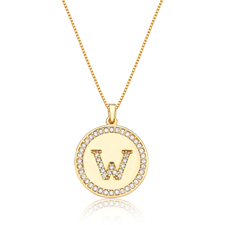 Gargantilha Veneziana c/ Medalha Letra "W" Cravejada Folheada a Ouro 18k 