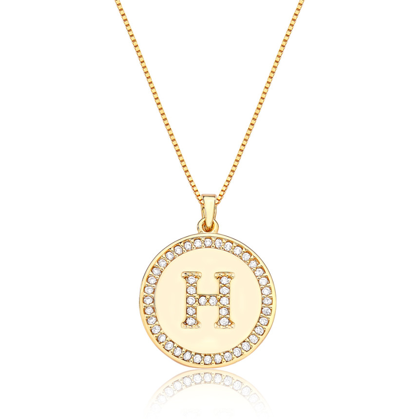 Gargantilha Veneziana c/ Medalha Letra "H" Cravejada Folheada a Ouro 18k 