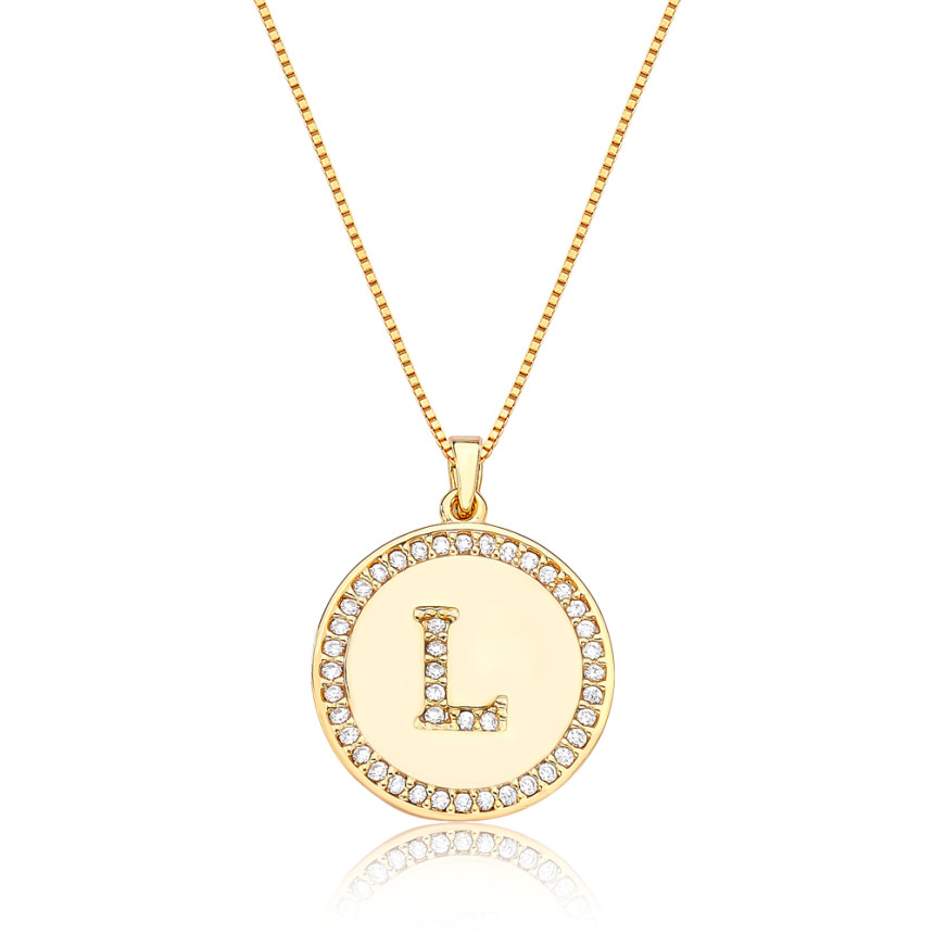 Gargantilha Veneziana c/ Medalha Letra "L" Cravejada Folheada a Ouro 18k 