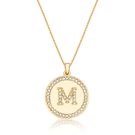 Gargantilha Veneziana c/ Medalha Letra "M" Cravejada Folheada a Ouro 18k 