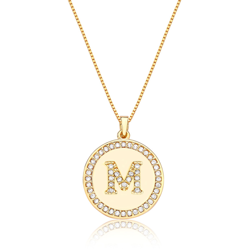Gargantilha Veneziana c/ Medalha Letra "M" Cravejada Folheada a Ouro 18k 