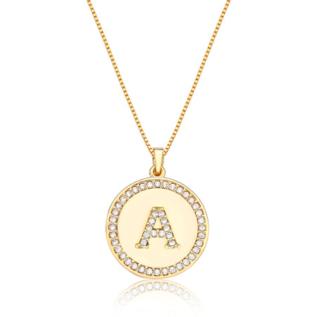 Gargantilha Veneziana c/ Medalha Letra "A" Cravejada Folheada a Ouro 18k