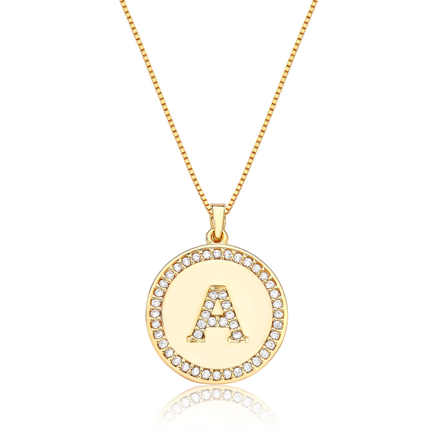 Gargantilha Veneziana c/ Medalha Letra "A" Cravejada Folheada a Ouro 18k 