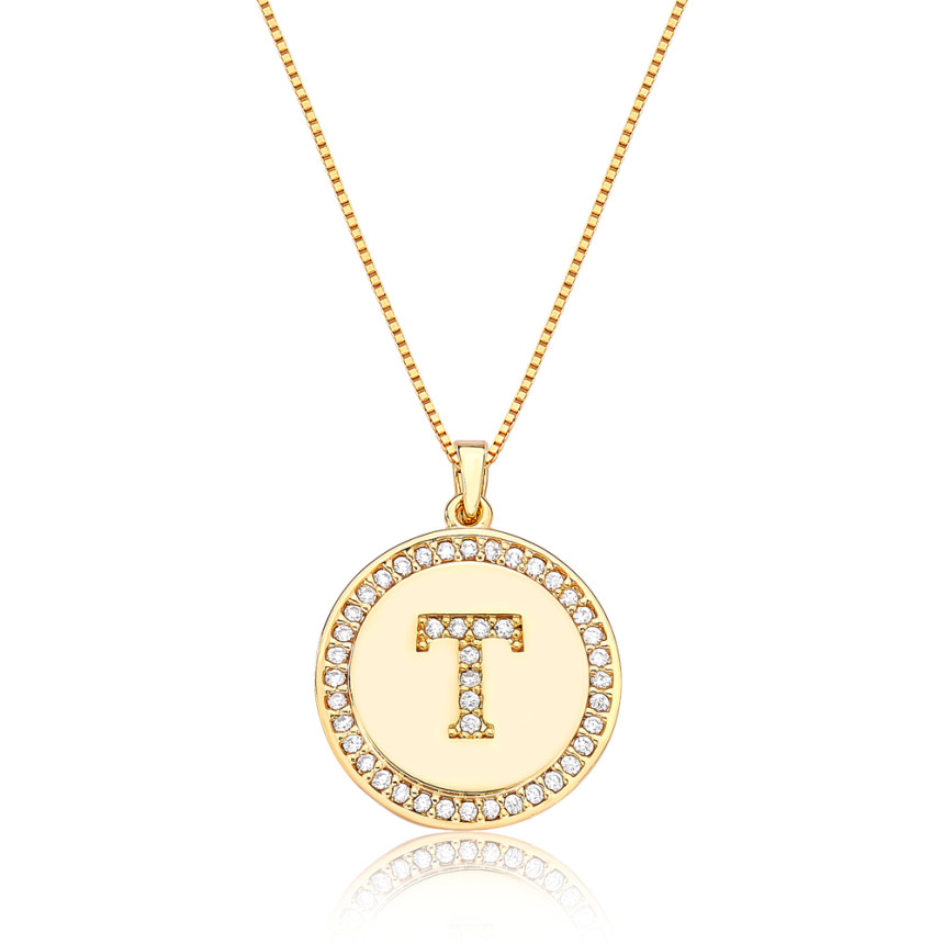 Gargantilha Veneziana c/ Medalha Letra "T" Cravejada Folheada a Ouro 18k 