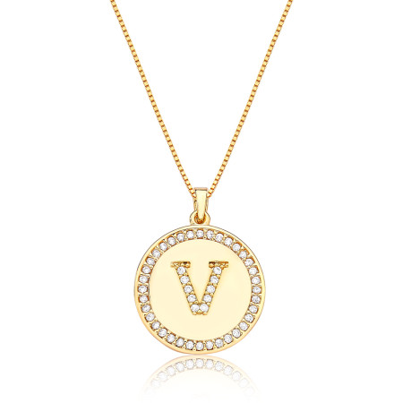 Gargantilha Veneziana c/ Medalha Letra "V" Cravejada Folheada a Ouro 18k 