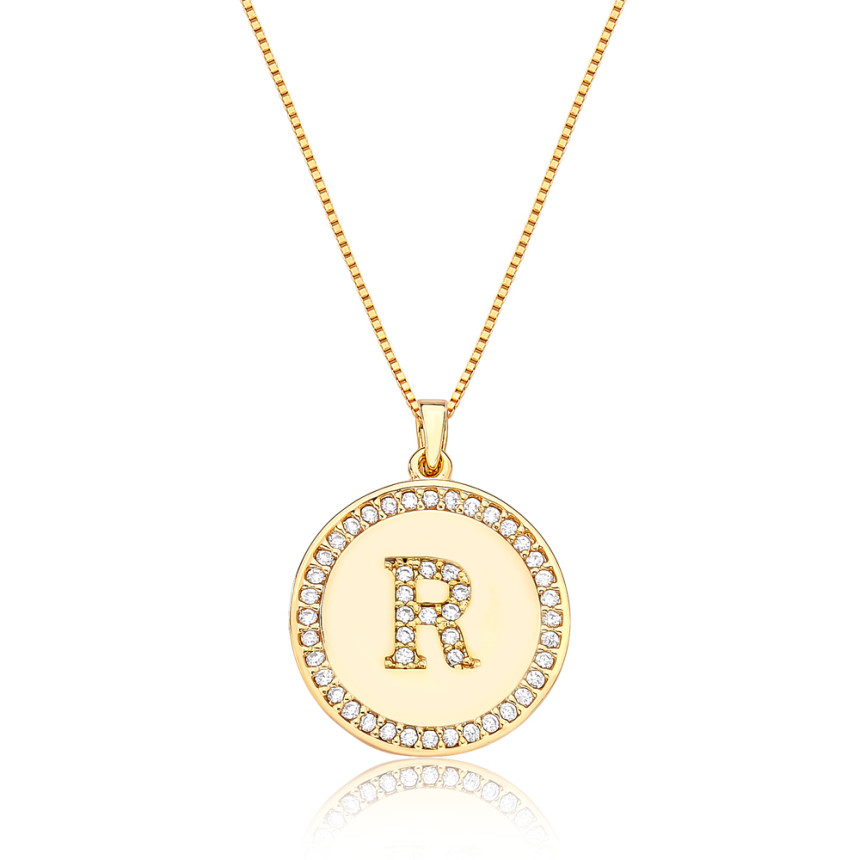 Gargantilha Veneziana c/ Medalha Letra "R" Cravejada Folheada a Ouro 18k 