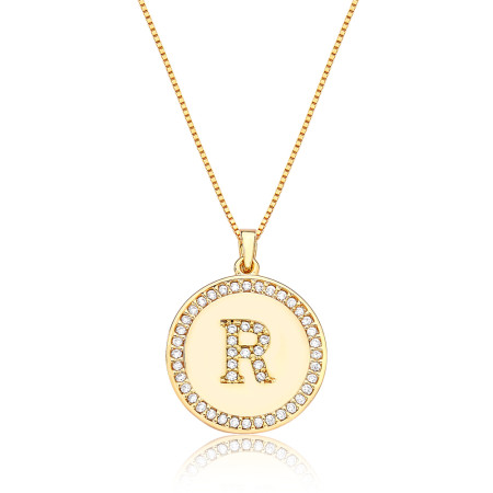 Gargantilha Veneziana c/ Medalha Letra "R" Cravejada Folheada a Ouro 18k 