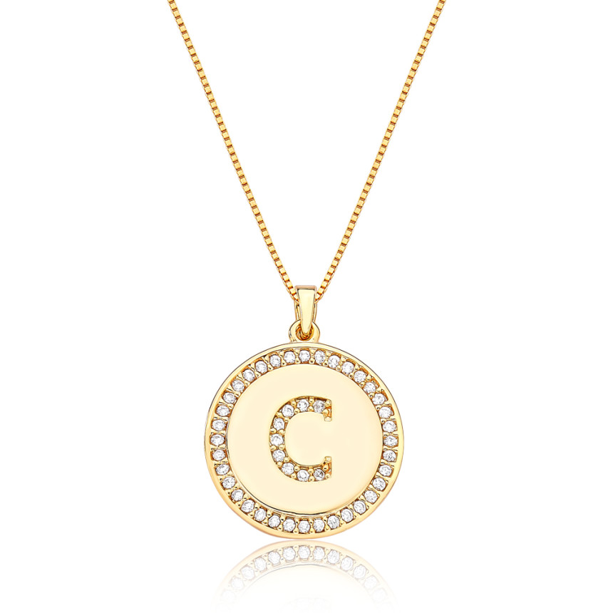 Gargantilha Veneziana c/ Medalha Letra "C" Cravejada Folheada a Ouro 18k 