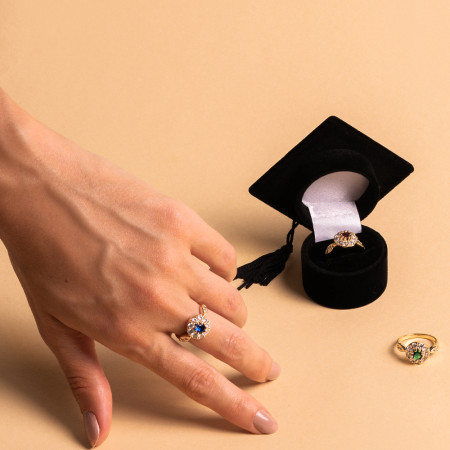 Anel Zircônia Safira Borda Cravejada Folheado a Ouro 18k