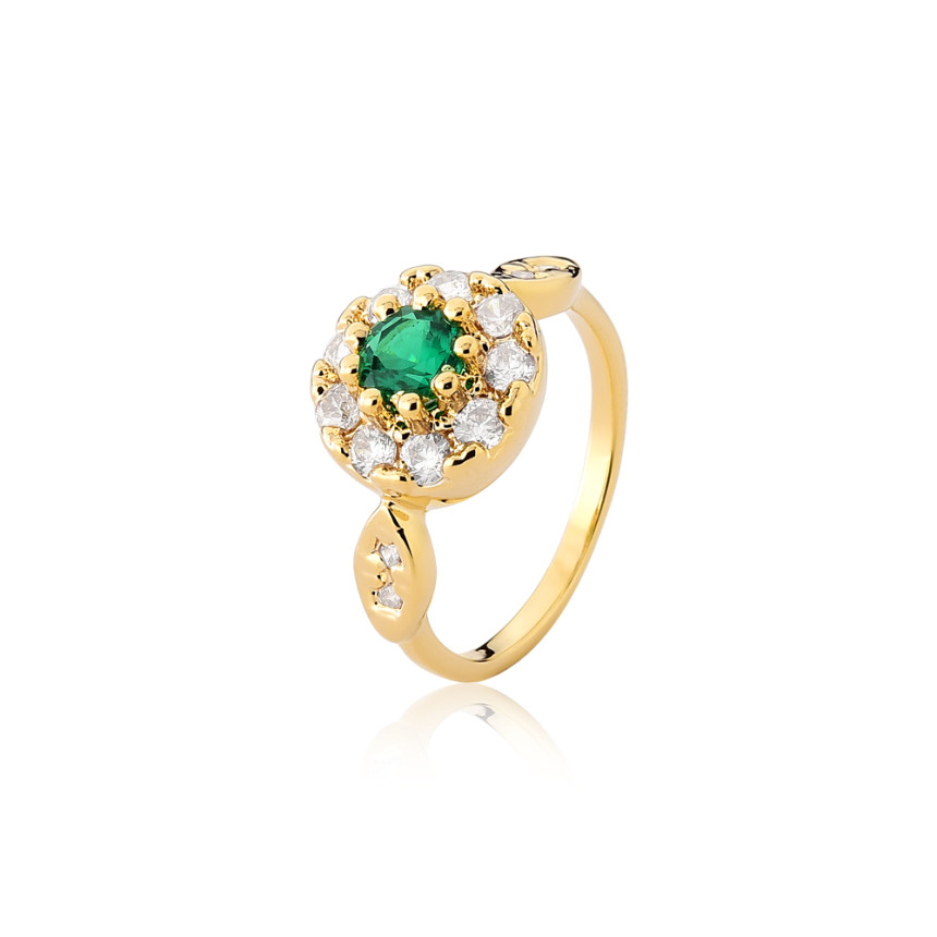 Anel Zircônia Esmeralda Borda Cravejada Folheado a Ouro 18k