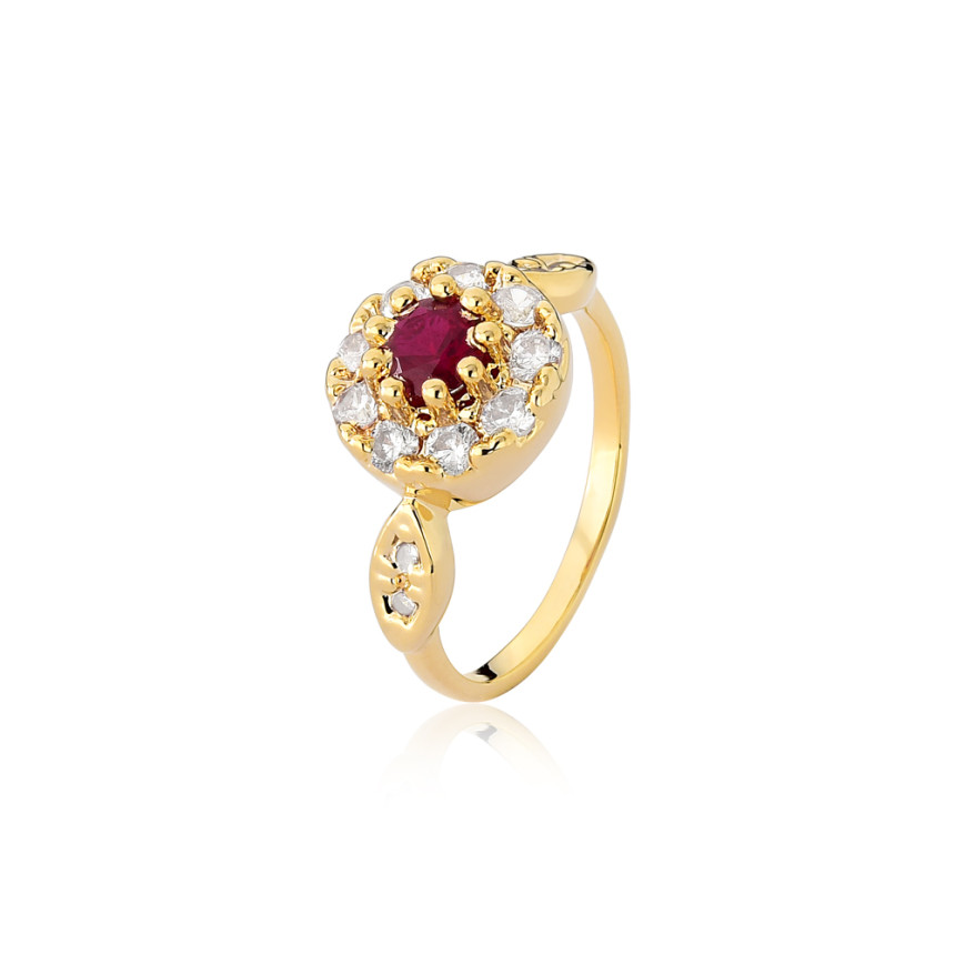 Anel Zircônia Rubi Borda Cravejada Folheado a Ouro 18k