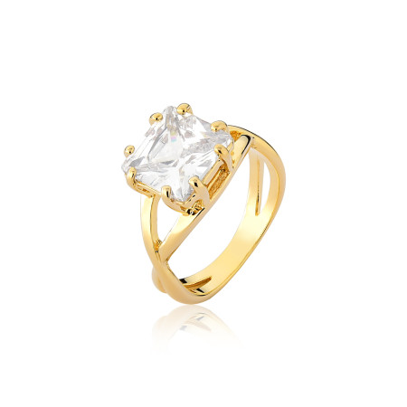 Anel Zircônia Quadrada Aro Entrelaçado Folheado a Ouro 18k