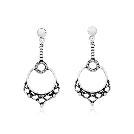 Brinco Prata Aro Vazado Detalhe Indiano Cravejado Envelhecido