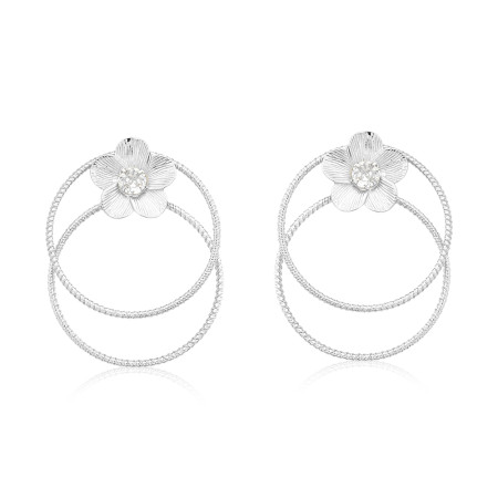 Brinco Prata Leve Elos Redondos Detalhe Flor Ponto Luz