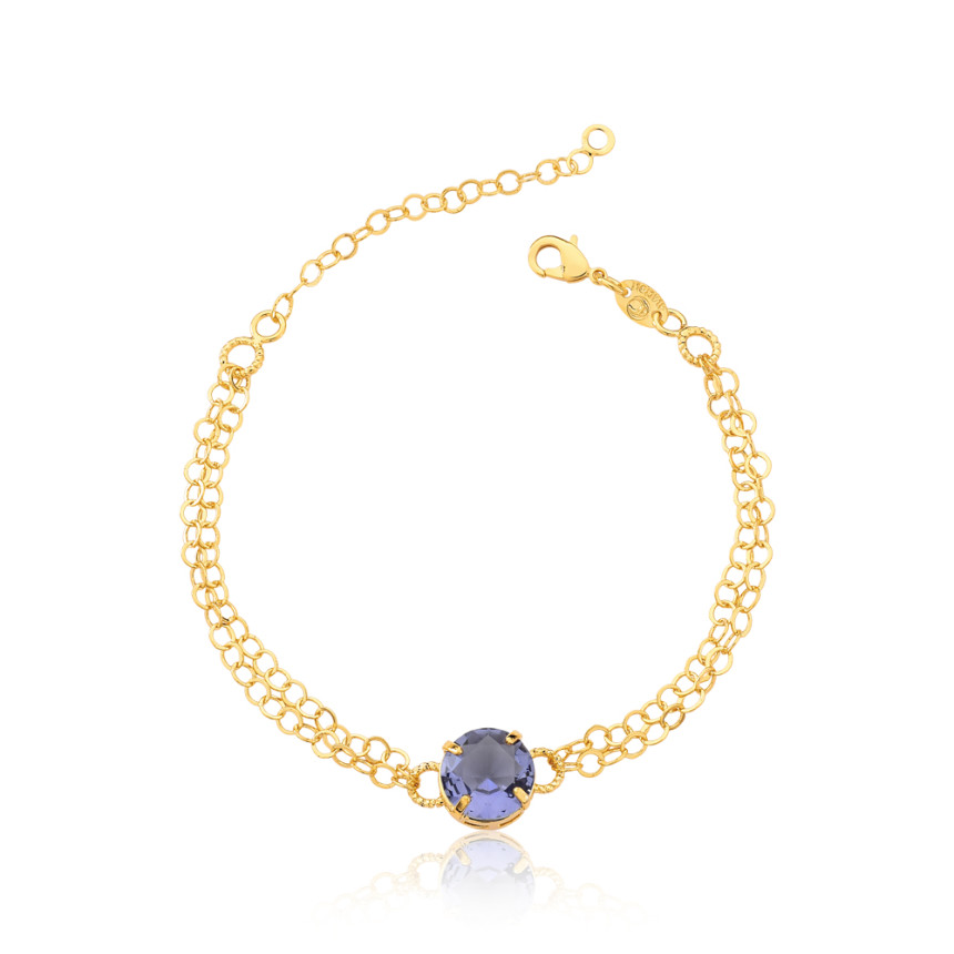 Pulseira Dupla Elos e Zircônia Central Redonda Light Ametista Folheada a Ouro 18k 
