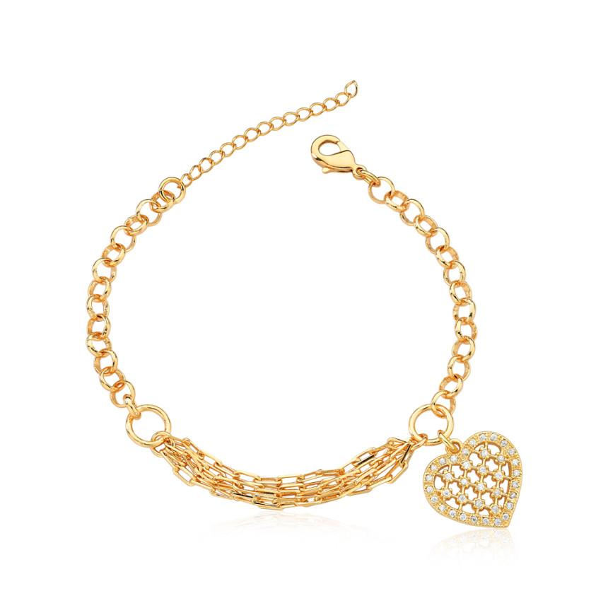 Pulseira Coração Cravejado Suspenso Malha Cartier / Portuguesa Folheada a Ouro 18k  