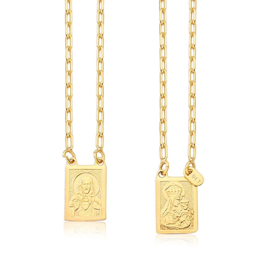 Escapulário Sagrado Coração de Jesus e Nossa Senhora do Carmo 65cm Folheado a Ouro 18k