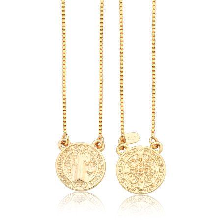 Escapulário São Bento Medalha Redonda 70cm Folheado a Ouro 18k