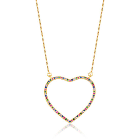 Gargantilha Coração Vazado Cravejado c/ Zircônias Minis Multi Color Folheada a Ouro 18k