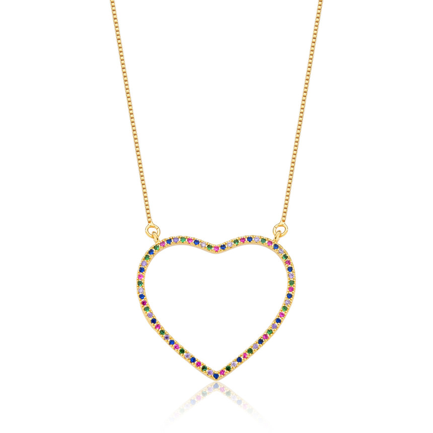 Gargantilha Coração Vazado Cravejado c/ Zircônias Minis Multi Color Folheada a Ouro 18k
