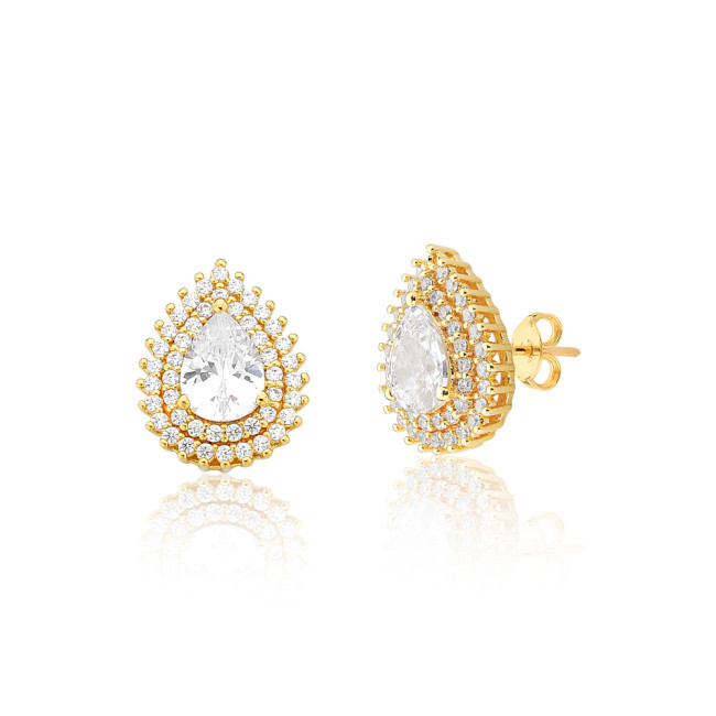 Conjunto Gota Zircônia Central c/ Borda Cravejada Duas Fileiras Folheado a Ouro 18K 