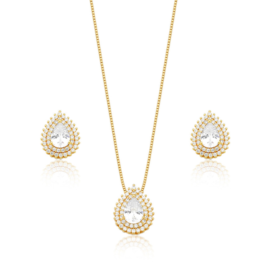 Conjunto Gota Zircônia Central c/ Borda Cravejada Duas Fileiras Folheado a Ouro 18K 