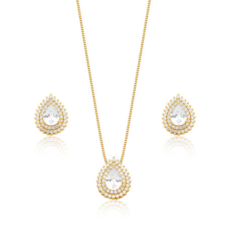 Conjunto Gota Zircônia Central c/ Borda Cravejada Duas Fileiras Folheado a Ouro 18K 