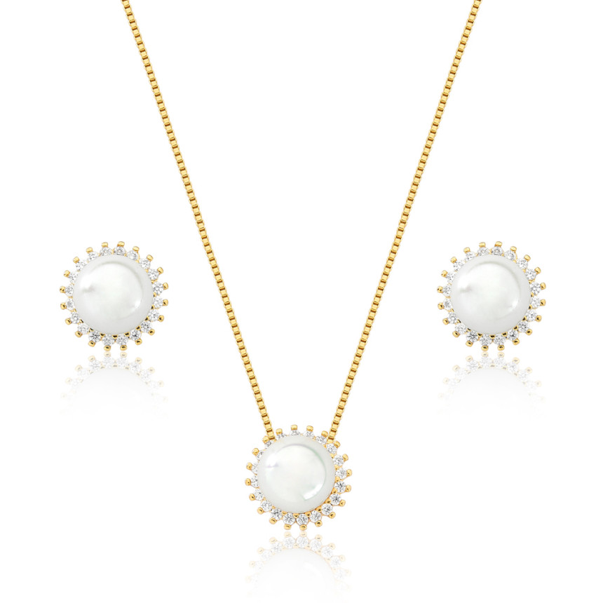 Conjunto Pérola Central c/ Borda Cravejada Folheado a Ouro 18K 