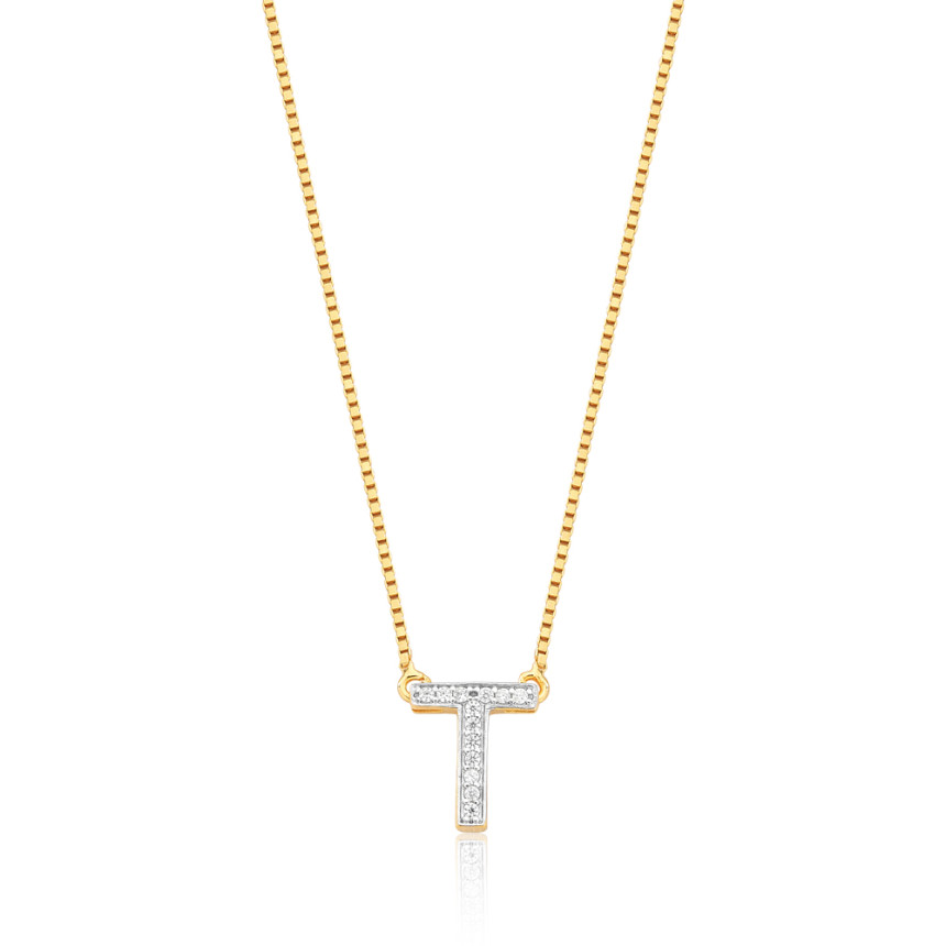 Gargantilha c/ Pingente Letra T Cravejada Folheada a Ouro 18k