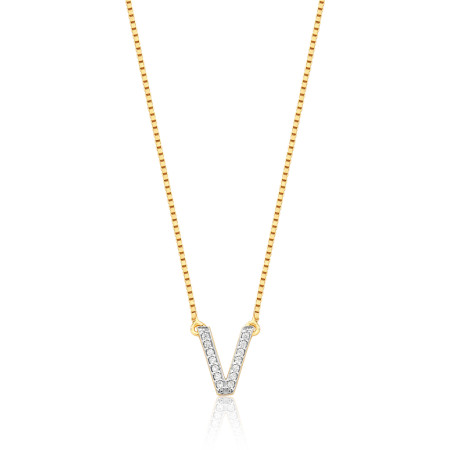 Gargantilha c/ Pingente Letra V Cravejada Folheada a Ouro 18k