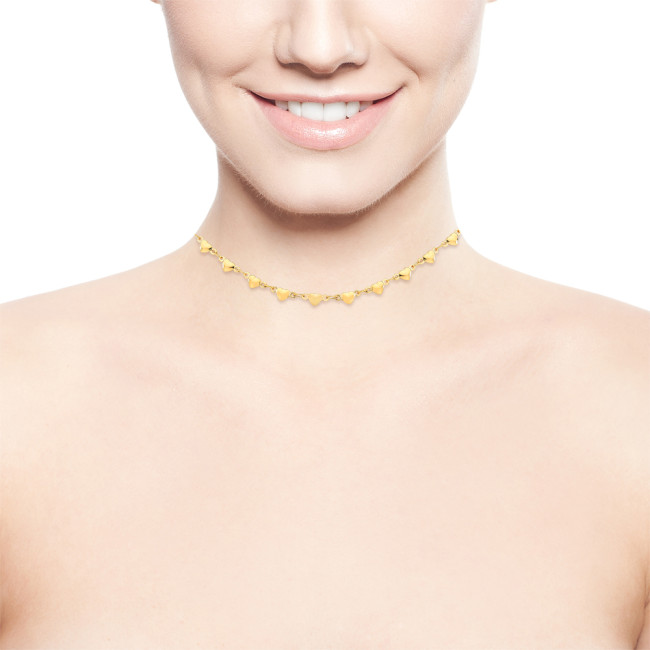 Choker Elos Corações Lisos Folheada a Ouro 18k