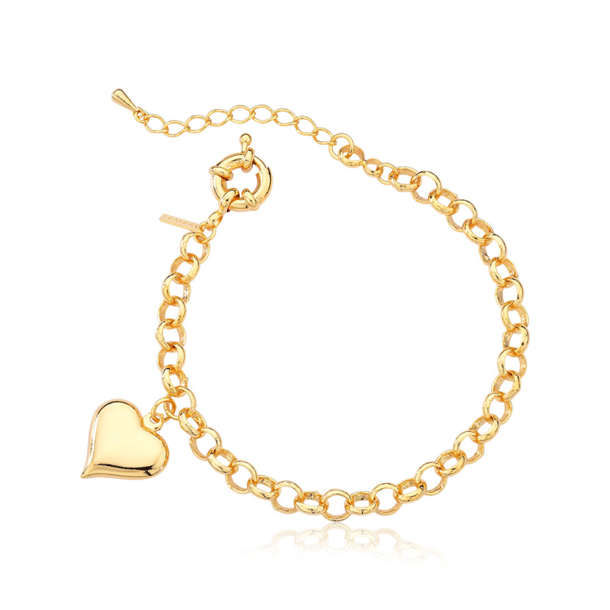 Pulseira Portuguesa c/ Pingente Coração Fecho Boia Folheada a Ouro 18k 