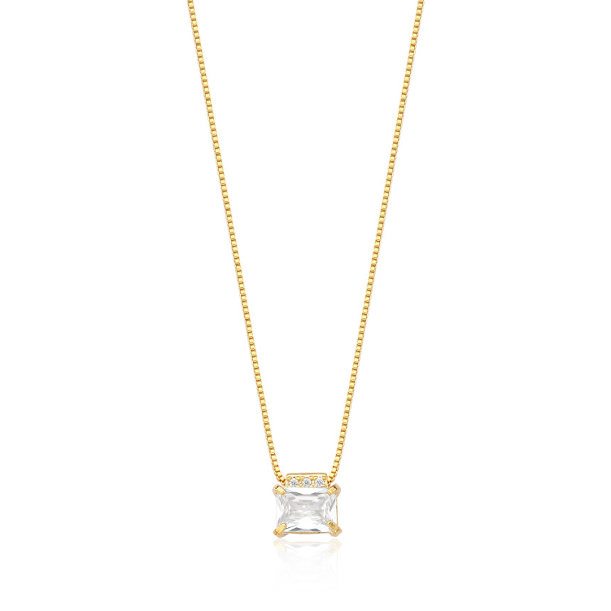 Gargantilha c/ Pingente Zircônia Retangular Detalhe Superior Cravejado Folheada a Ouro 18k