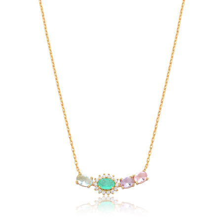 Gargantilha c/ Pingente Fixo Zircônia Fusion Borda Cravejada e Zircônias Multi Color Folheada a Ouro 18k   