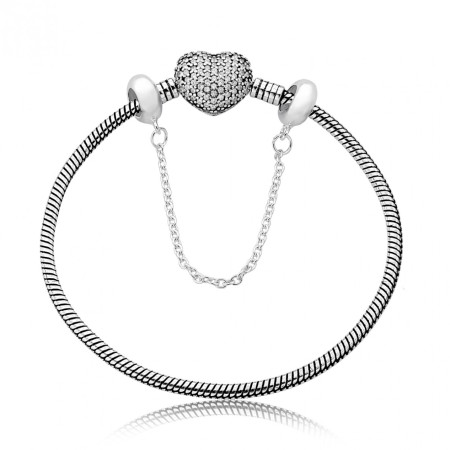 Pulseira Prata You c/ Ródio Snake Fecho Coração Cravejado c/ Pega Ladrão 22cm