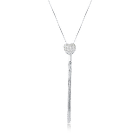 Gargantilha Prata Leve Veneziana c/ Pingente Coração Cravejado e Franja