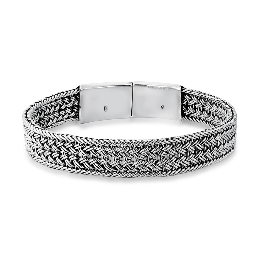 Pulseira Prata Bali Aramada Fecho Gaveta Trabalhado 22cm (11mm)