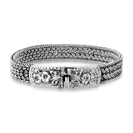 Pulseira Prata Bali Aramada Fecho Gaveta Trabalhado 22cm (11mm)