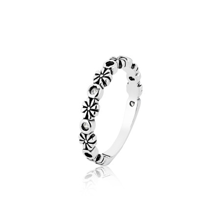 Anel Prata Skinny Flores e Pontos Luz Envelhecido
