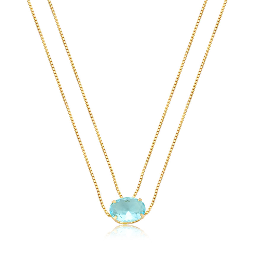 Gargantilha Veneziana Dupla c/ Zircônia Oval Acqua Folheado a Ouro 18k   